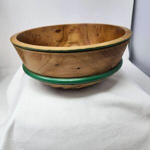 Hand Carved Wooden‎ Bowl Signed and Dated Green Trim Vintage 13 inch